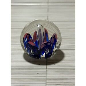 Vintage Art Glass Paperweight Cobalt Blue Pink Controlled Bubble Orb Decor